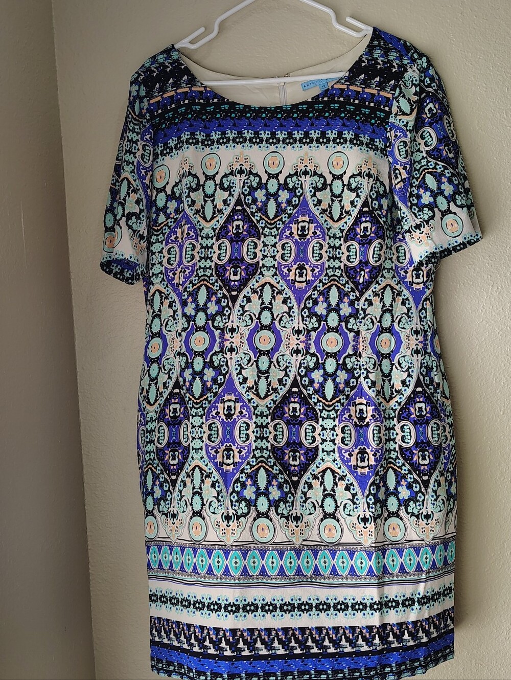 Antonio Melani‎ Blue Aqua Damask Moroccan Sheath Dress SZ 12 Career Professional